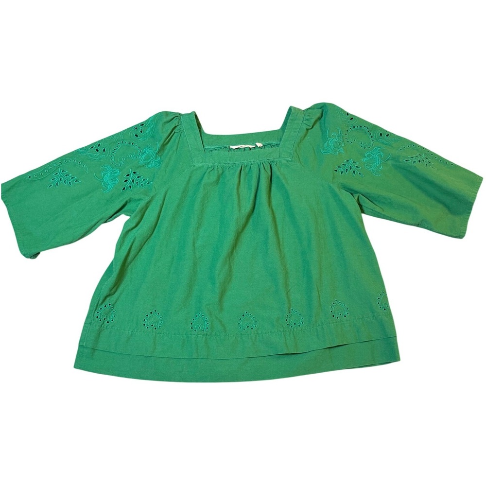 Soft Surroundings Green Embroidered Square Neck Blouse Top 2GJ43 Womens Large